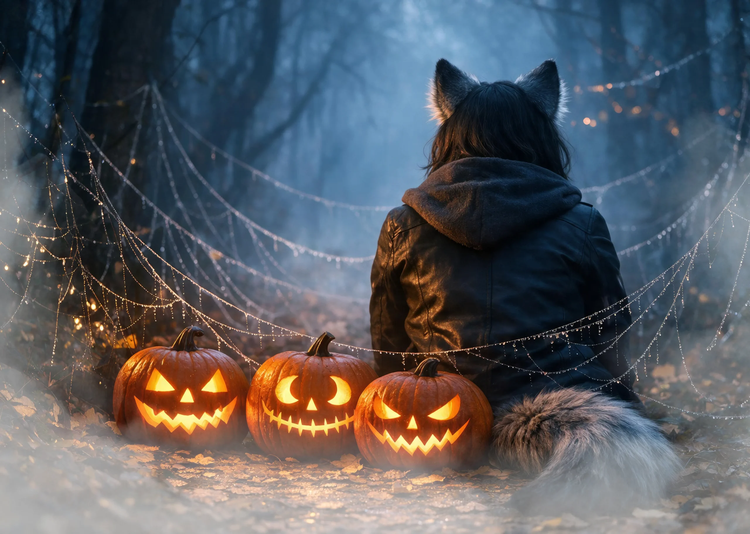 Ideas de disfraz therian para halloween: persona de espaldas con cola de lobo y tres calabazas iluminadas en un bosque con niebla.